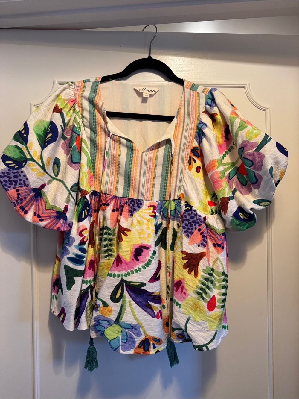 Anna Multicolor Floral Peasant Top - White, Green, Purple, Yellow, Pink